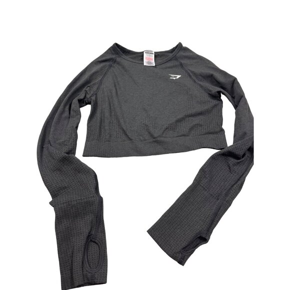 Gymshark Crop Top Women Medium Gray Seamless Long Sleeve Thumb Holes Workout - Picture 1 of 11